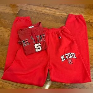 North Carolina State University sweatpants and tee shirt